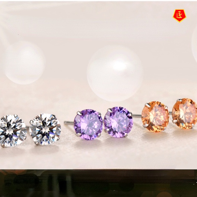 [Ready Stock]Fashion Simple Silver Amethyst Four-Claw Stud Earrings