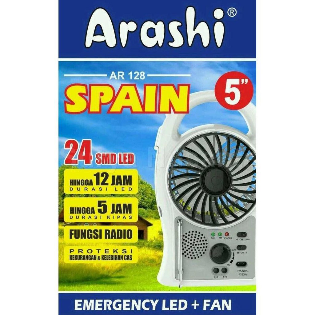 Best Seller Lampu Led Emergency + Kipas Angin + Radio Fm Arashi Ar 128 Spain