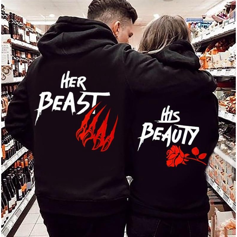 New Arrival Promo Hoodie Matching Couple Her Beast &amp; His Beauty Terbaik Black Series