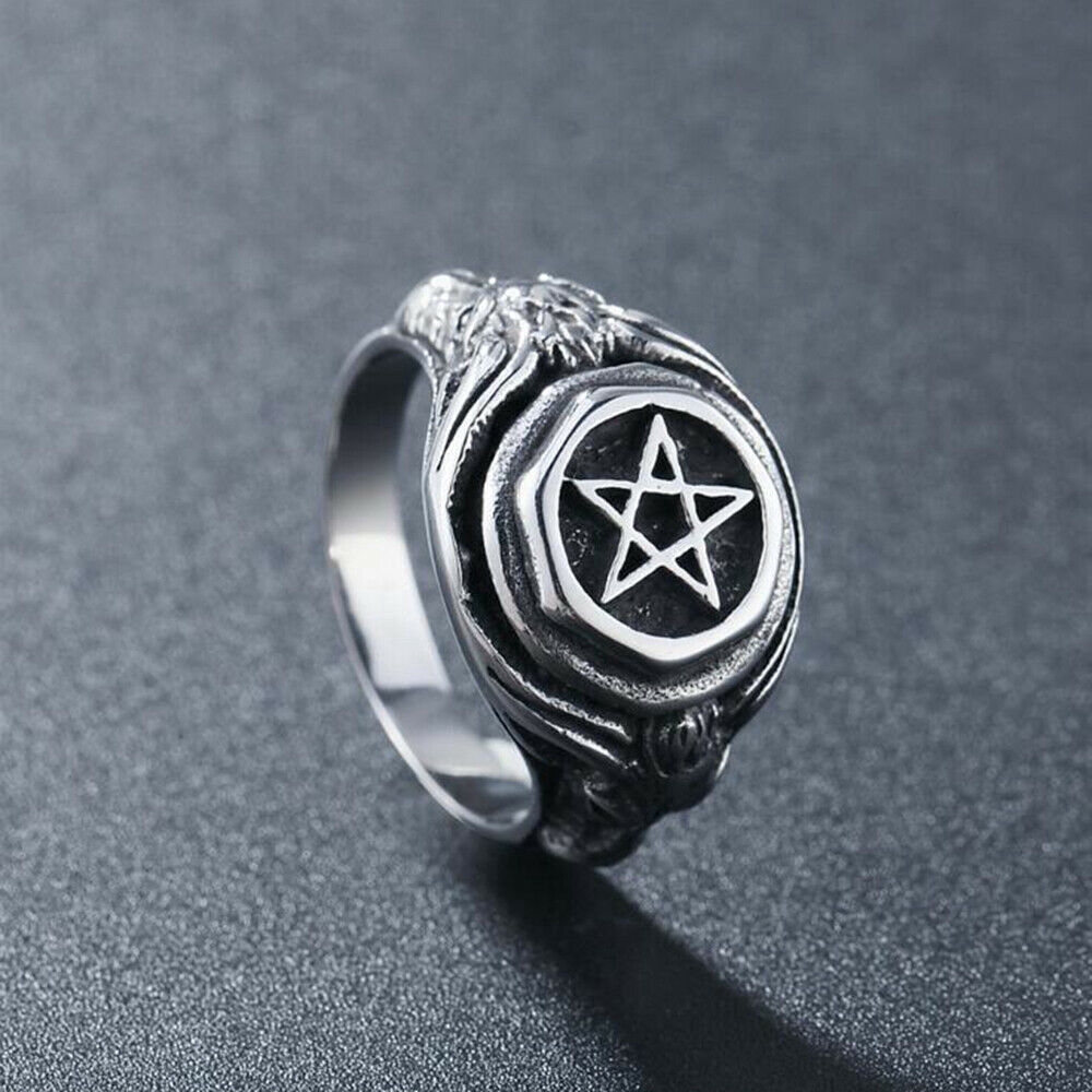 Cincin Desain Bintang Pentacle Bahan Stainless Steel Warna Silver Gaya Vintage Untuk Pria