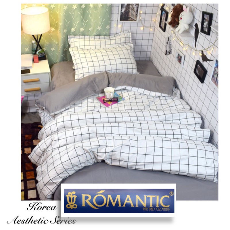 AESTHETIC KOREA series Bedcover sprei by ROMANTIC motif kotak putih katun jepang minimalis