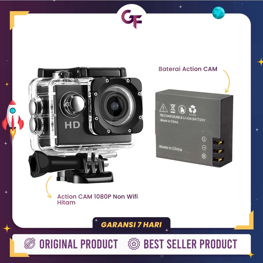 ACTION CAMERA 4K DAN 1080 HD WATERPROOF 900 MAH AKSESORIS LENGKAP - GOODFELLAS-HITAM NON + BATERAI