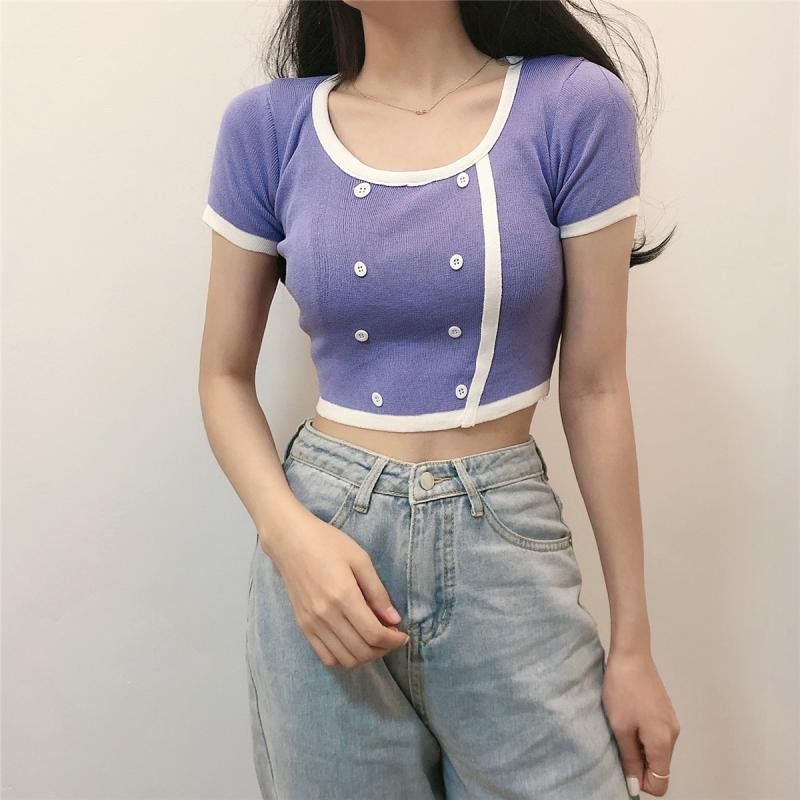 VS - Korean Collar Crop Top Button JENNIE Black Pink Rib