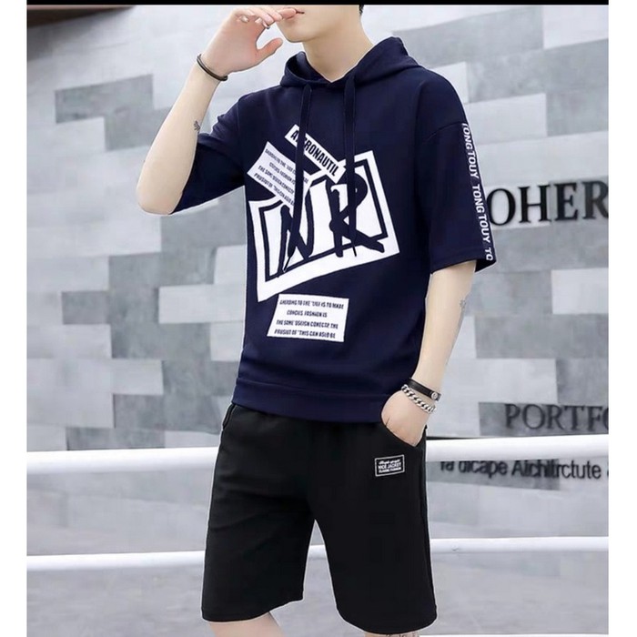 FortKlass NR PDK SWEATER HOODIE PRIA LENGAN PENDEK OUTERWEAR COWOK - Navy