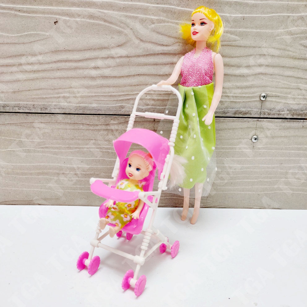 Boneka Berbie Mom &amp; Kid Stroller Ibu Anak Kereta Dorong