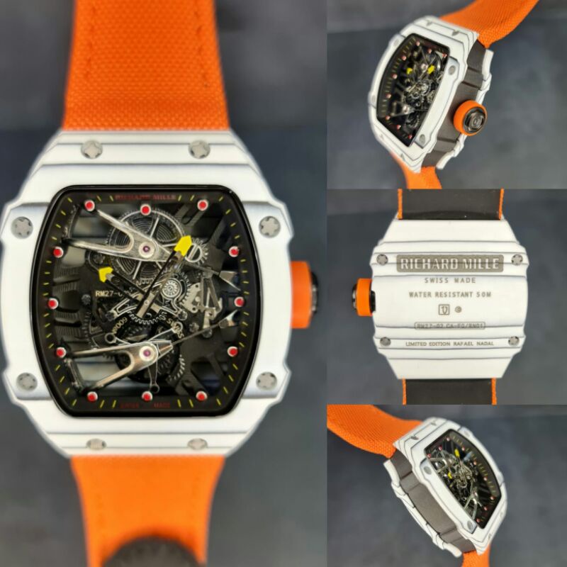 JAM TANGAN PRIA RM 27-02 WHITE CARBON VELCRO AUTOMATIC SWISS SUPER PREMIUM