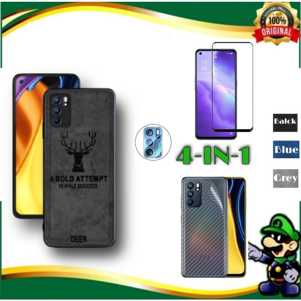 4IN1 Case Deer Hp Oppo Reno 6 5G,Reno 6 Pro 5G  Bermotif jeans+Tempered Glass Layar + Camera+Garskin