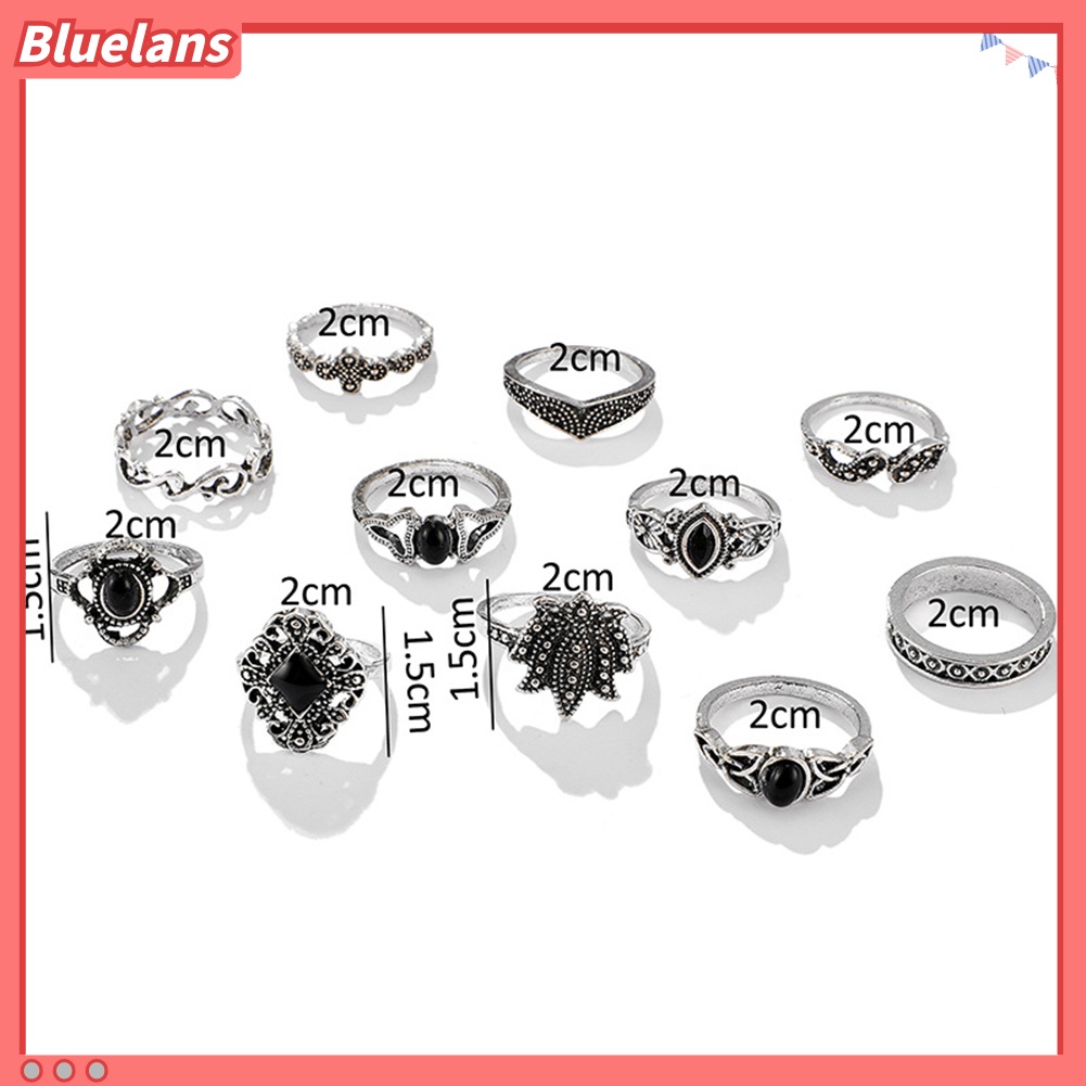 Bluelans 11Pcs / Set Cincin Motif Ukiran Bunga Teratai / Tetesan Air Aksen Hollow + Batu Permata Imitasi Untuk Wanita