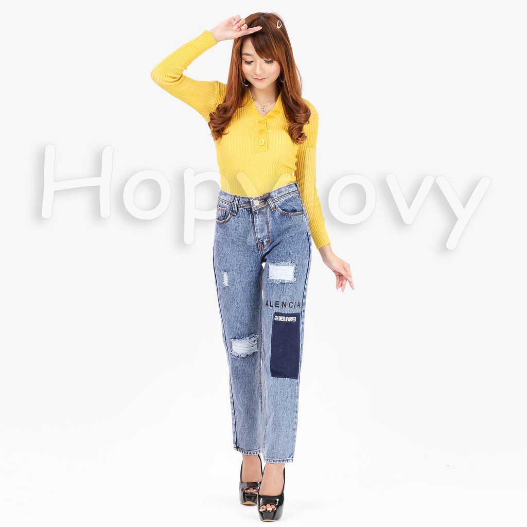 HOPYLOVY Celana Wanita Boyfriend Jeans Ripped Patch HOPYLOVY Celana Wanita Boyfriend Jeans Ripped Patch