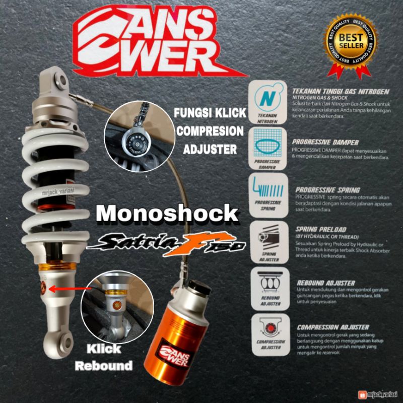 Shock Belakang Satria FU 150 S04 Tabung pisah & Non tabung S03 285mm ANSWER (ORIGINAL) Warna RED,WHI