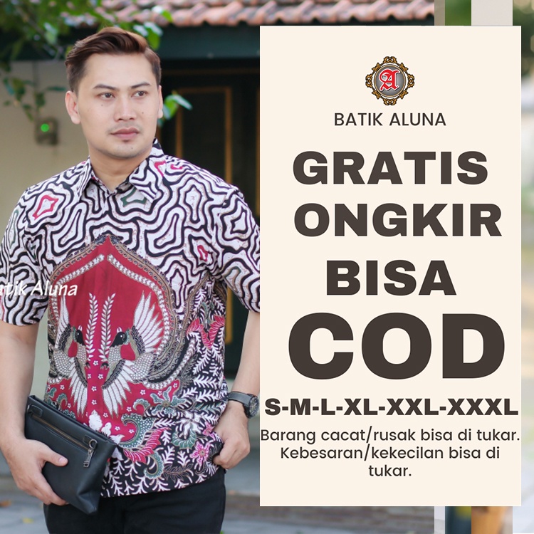 Hem batik lengan pendek pria premium ukuran jumbo XXL Baju Kemeja Batik Aluna Cowok Aluna PD014 Keme