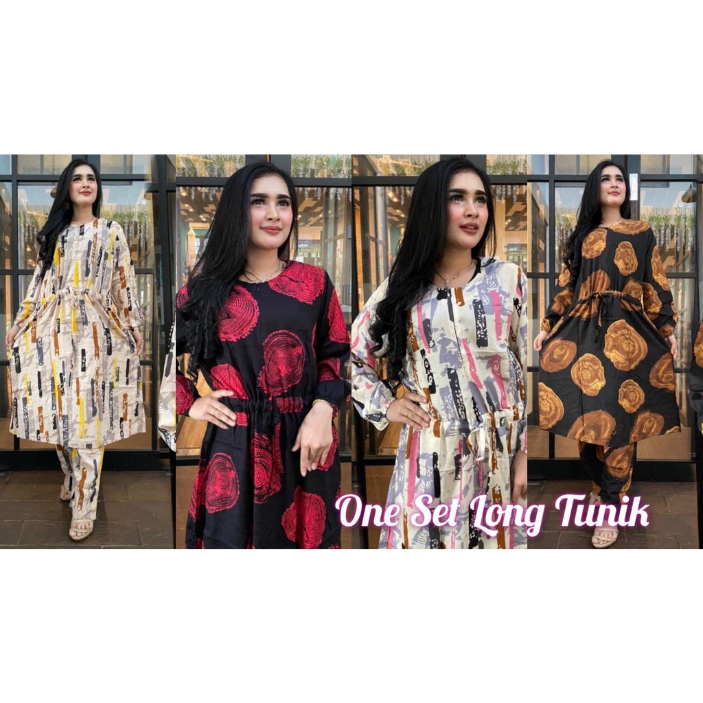 One Set Wanita Long Tunik Rayon Viscose Premium Setelan Wanita Lengan Panjang Set Celana Panjang Tunik Kekinian
