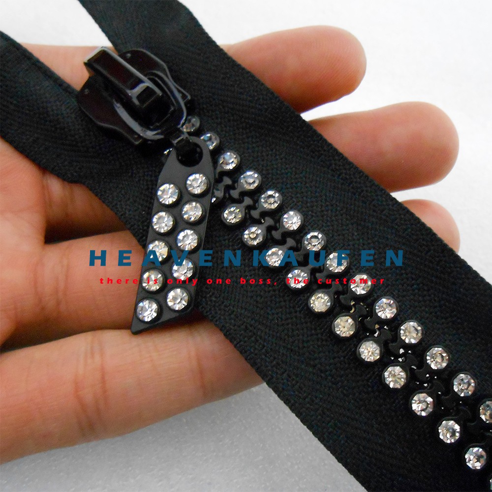 Resleting Zipper Hitam Besar Panjang 50 cm Hias Permata Imitasi