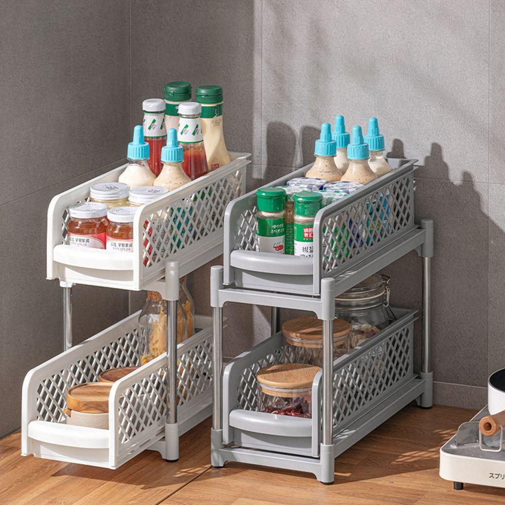 [Elegan] Keranjang Lemari Sliding Portable Praktis Untuk Meja, Desktop Hemat Jarak Organizer Dapur Rak Penyimpanan 2tingkat