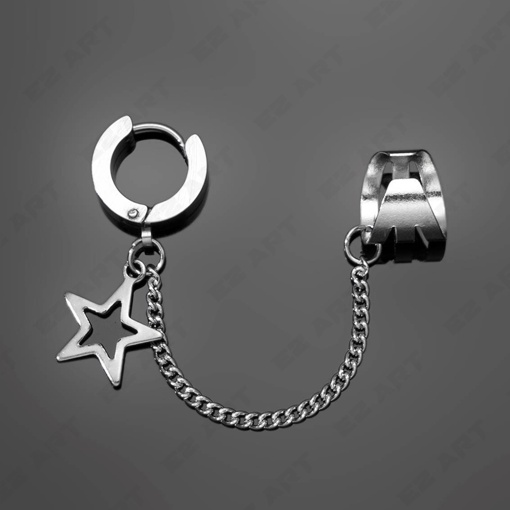 terlaris ezr - anting kpop fashion cowok ear clip sambungan rantai silver hitam jepit tusuk pria