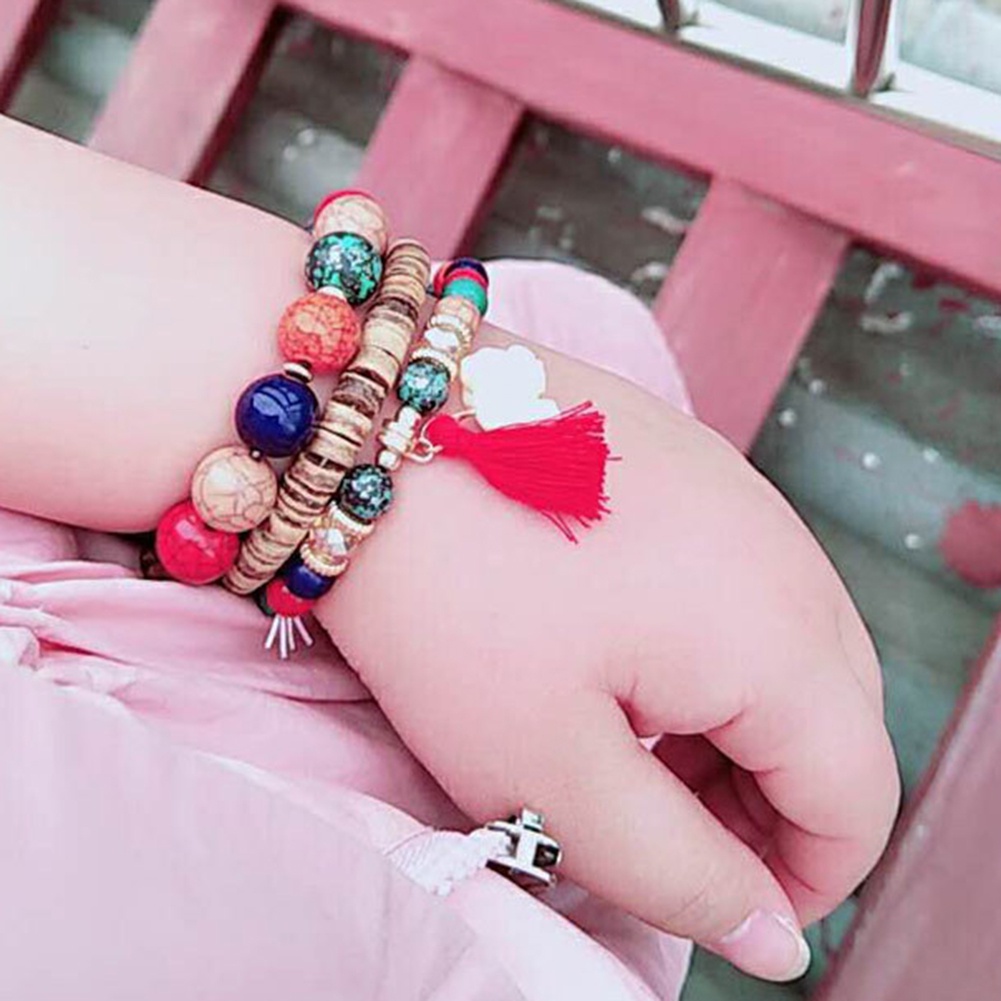 Hu Hu Hu Hu Hu Alat Bantu Pasang Kacamata♡ 3pcs / Set Gelang Manik-Manik Batu Czech Aksen Gajah Rumbai Gaya Bohemian Untuk Wanita