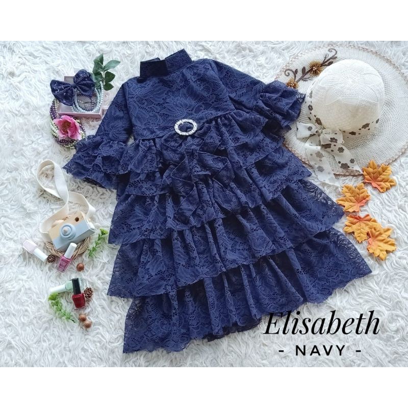 GAMIS BROKAT ANAK MODEL ELIZABETH/GAUN PESTA BROKAT ELIZABETH WARNA NAVY SIZE 1-10tahun