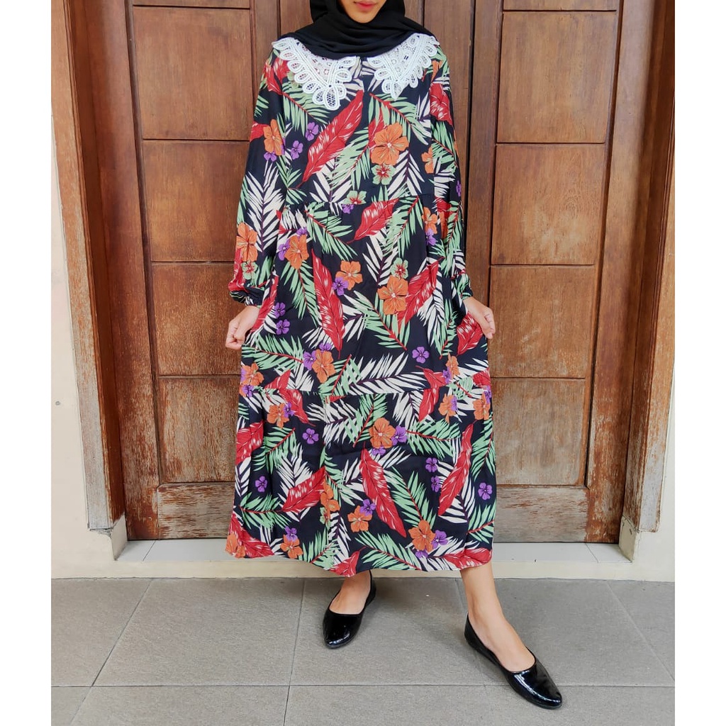 Midi Dress Kerah Renda Rayon Premium Muslim Korean Style