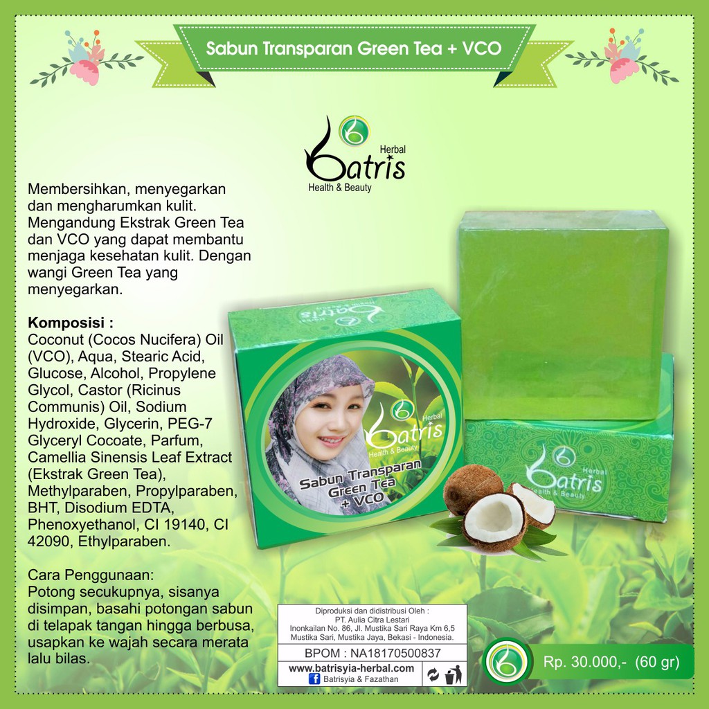 Sabun Vco Greentea Batrisyia Herbal Soap Green Tea Indonesia