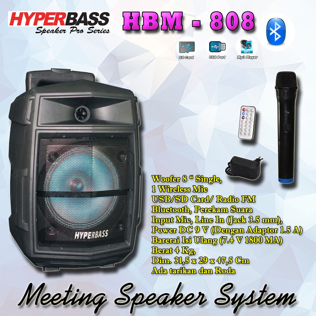 Meeting Speaker HBM 808 Bluetooth 8 In / Speaker Portable 8 Inch / Speaker Bluetooth 8" HYPERBASS