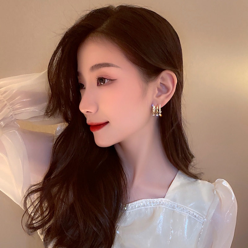 Anting Tusuk Gantung Wanita Desain Geometri Multi Layer Hias Mutiara + Zircon Gaya Korea Untuk Pesta