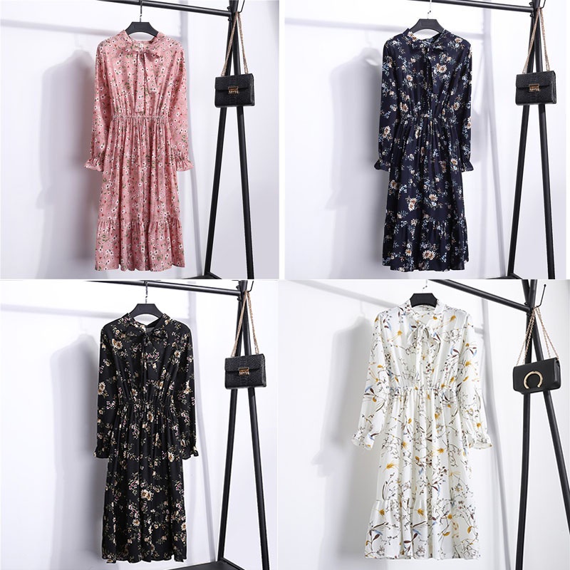 Dress Floral Wanita Lengan Panjang dengan Bahan Chiffon