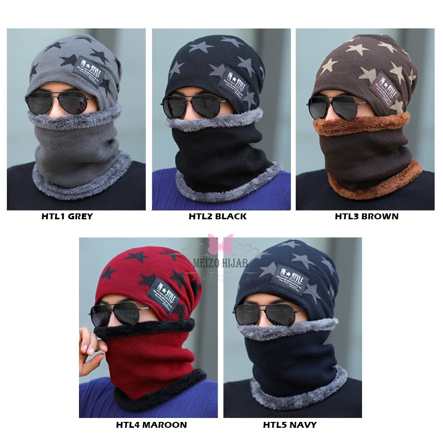 [READY STOCK] 1 SET Topi rajut kupluk + syal korea motif star HTL topi kupluk gunung pria dan wanita