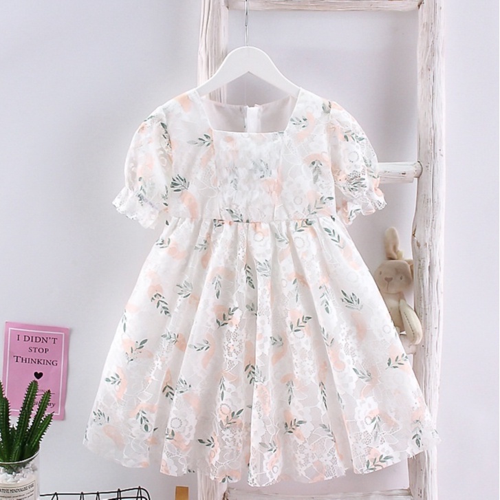 G4-Gaun Anak Perempuan Lengan Pendek Gaun Panjang Motif Daun Waortel Putih Import Korea/Fashion Paka
