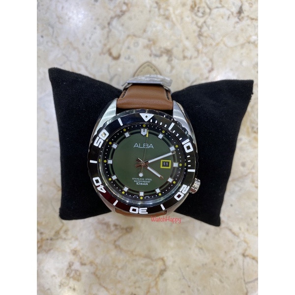 WatchHappy ALBA AG8H49X1 Mens Brown Leather Green Dial Bezel Black Best Seller AG8H49 100% Original