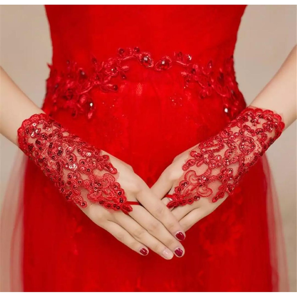 Henna White And Red Gloves -  Sarung Tangan Brukat Pengantin Pengganti Henna - Sepasang