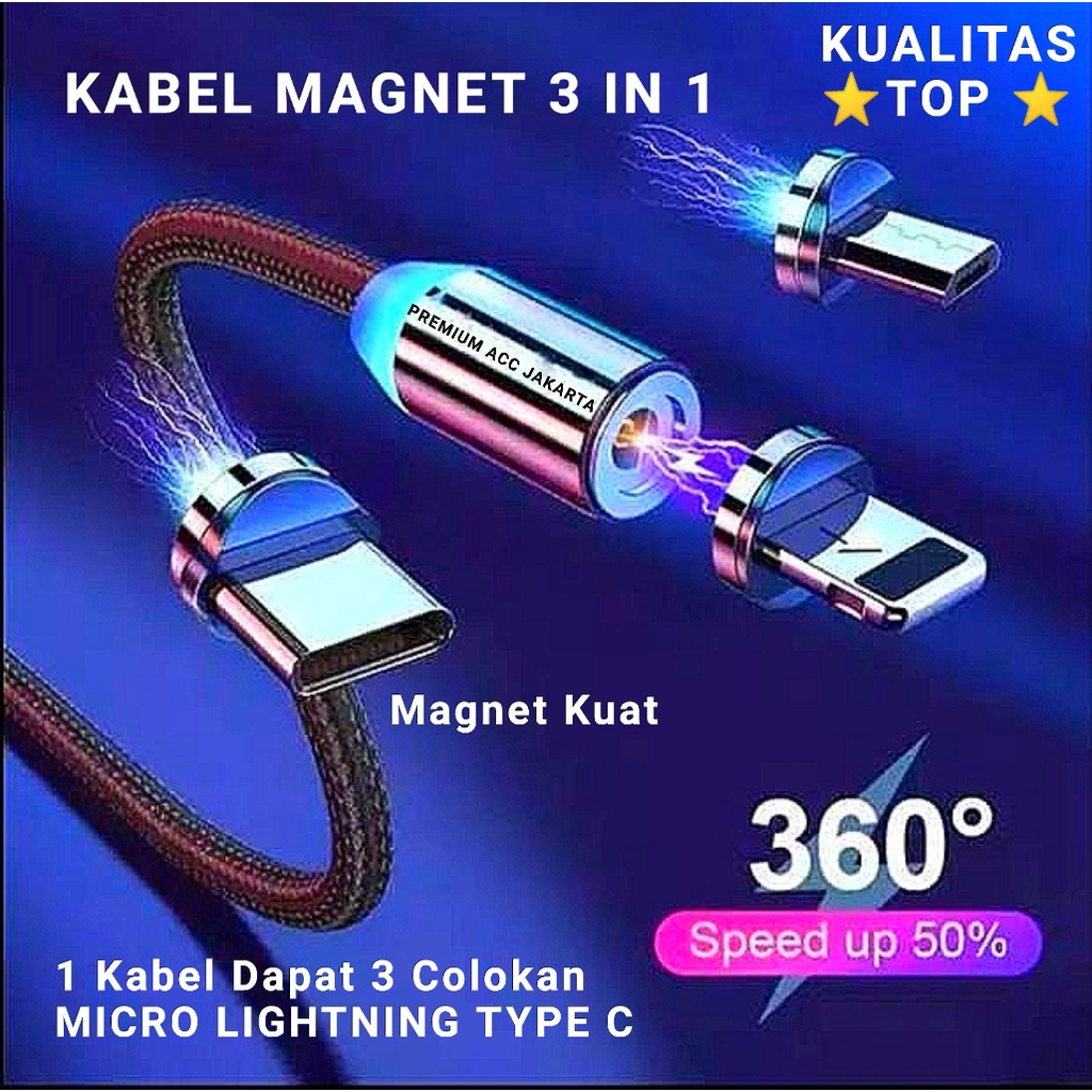 Kabel Charger Magnetik Fast Charger 3 in 1 LED Micro Type C Lightning iPon / X Cable Magnetic Kabel Data 3in1 Magnet