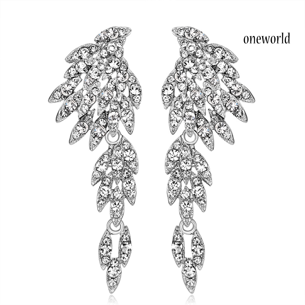 OW@ Elegant Full Rhinestones Wing Dangle Drop Pierced Earrings Women Wedding Jewelry