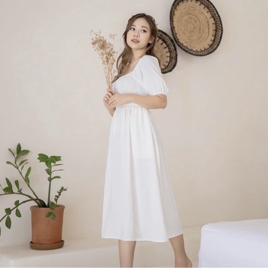 GARDEN PARTY BEACHWEAR COTTON MIDI DRESS MOTIF POLOS KOREAN FASHION