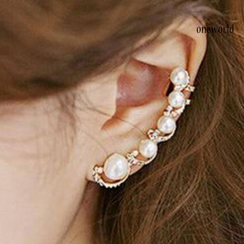 OW@ 1Pc Women Rhinestone Faux Pearl Ear Clip Cuff Earring for Left Ear