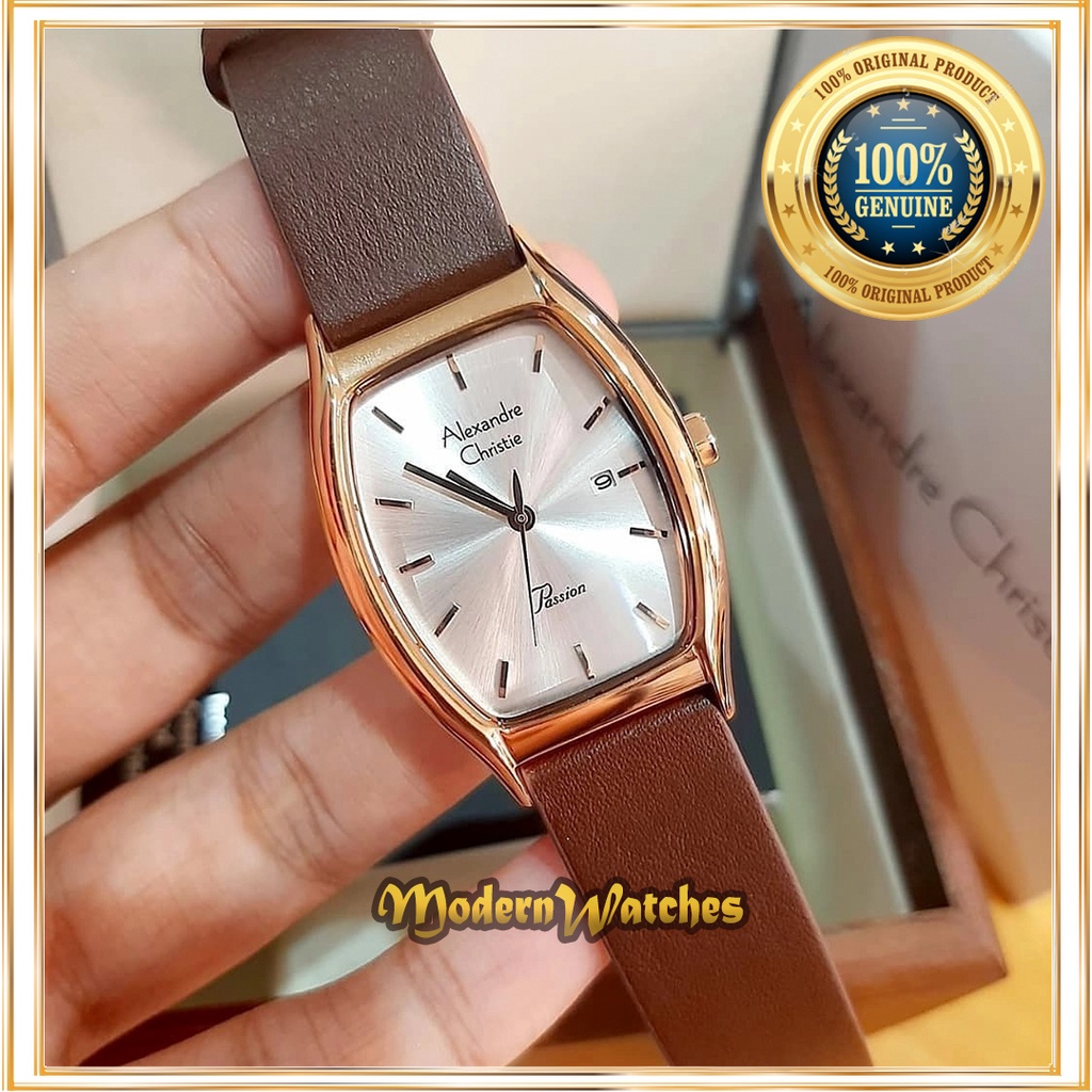 Jam Tangan Ori Alexandre Christie Wanita Terbaru AC 2939 Coklat Rosegold Brown Tali Kulit Alexander