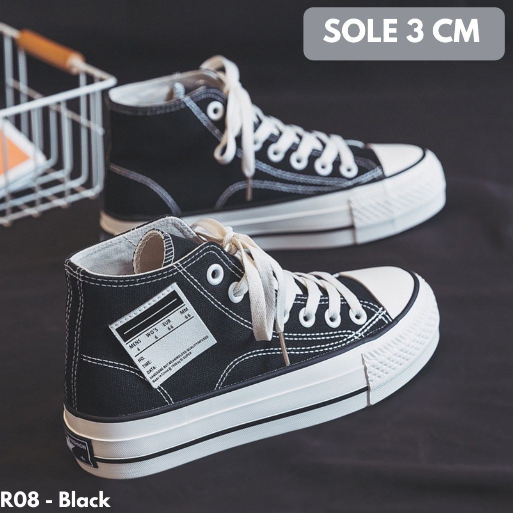 SEPATU SNEAKERS CEWEK HIGH TOP CUT KANVAS HITAM BEIGE GAYA PEREMPUAN KOREA R08