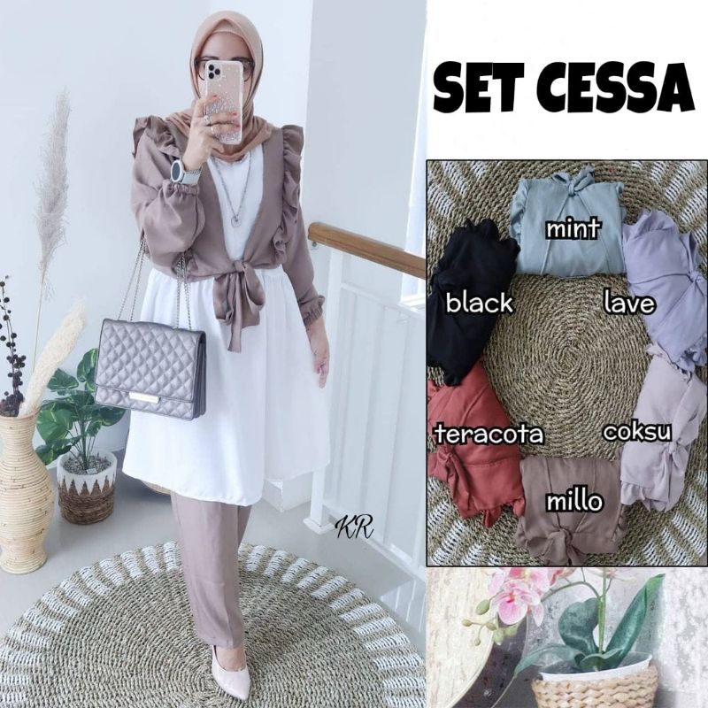 SET CELANA FASHION CESSA 3in1, MOSCREPE PREMIUM, GAMIS HIJAB MUSLIM, OUTER SETELAN