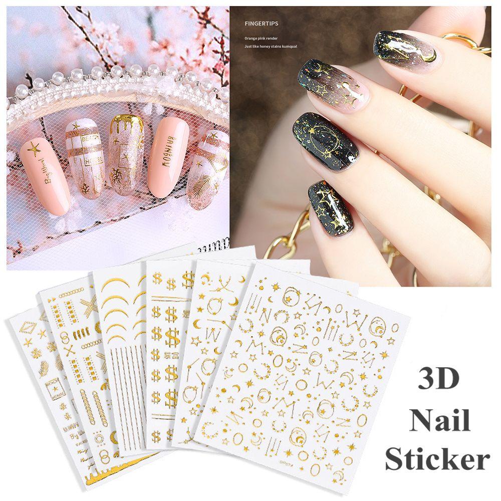 AUGUSTINA Agustin 3D Stiker Kuku DIY Dekorasi Nail Art Nail Tips Nail Patch Gold Embossed Starry Metal Strip