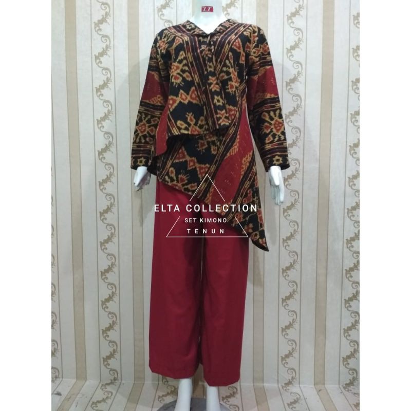 Setelan kimono tenun dan celana wanita kombinasi
