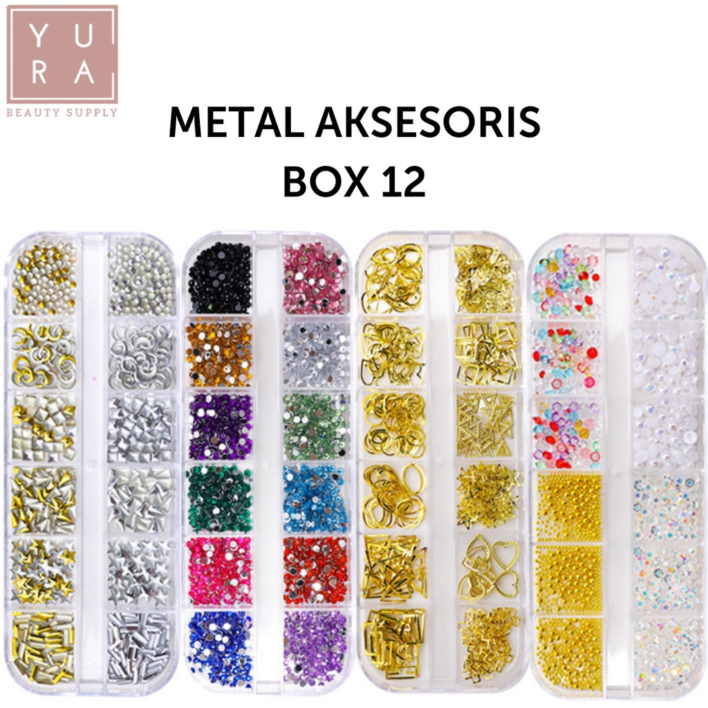 Hiasan kuku palsu nail art METAL AKSESORIS BOX ISI 12 DIY CASE RING ALL SHAPE / Handmade dekorasi accesories