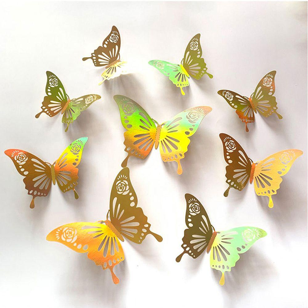 R-flower 12PCS/Set 3D Butterfly Stiker Hadiah Dekorasi Rumah Hiasan Kamar Anak Warna Warni Silver Gold