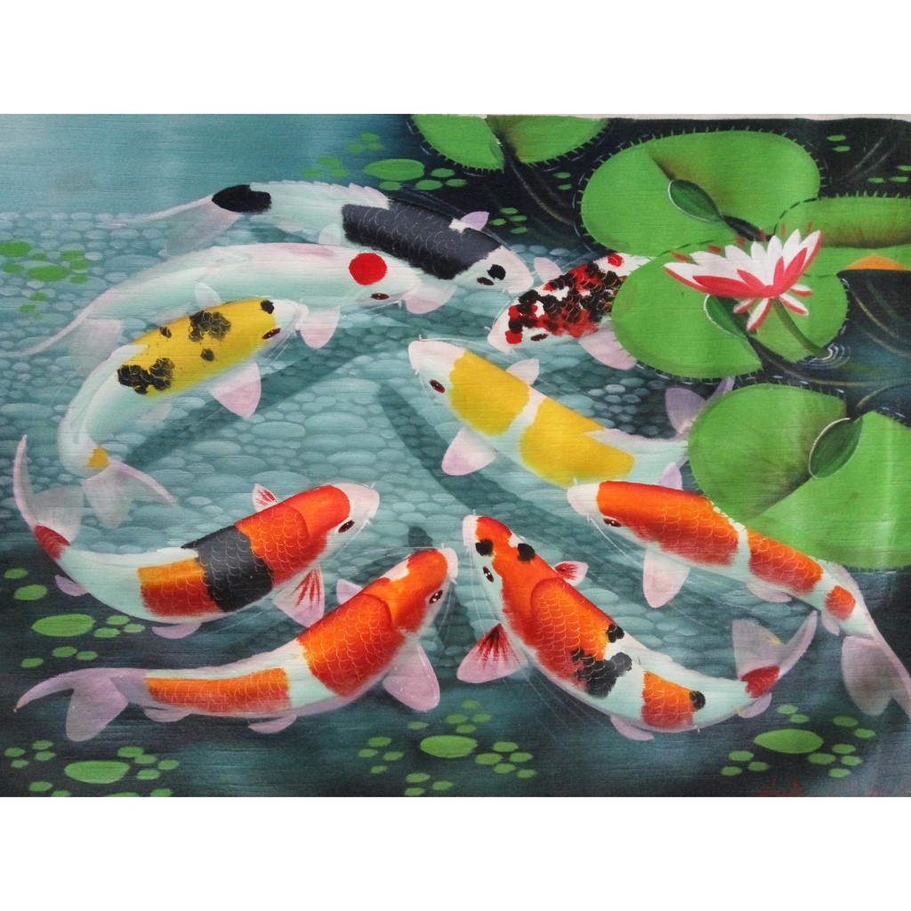 

Lukisan ikan 9 koi hongsui bagus, media cat minyak di kanvas, 60 x 80 cm