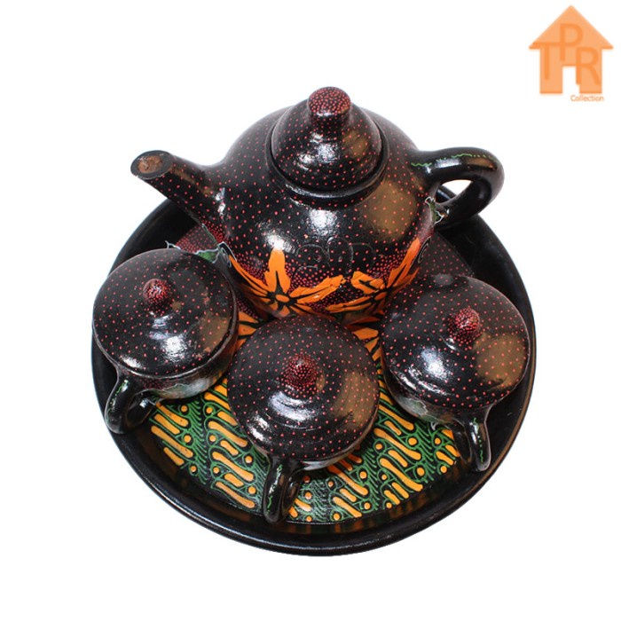 Gerabah Tea Set Premium - Poci Batik Tulis - Motif Dot O