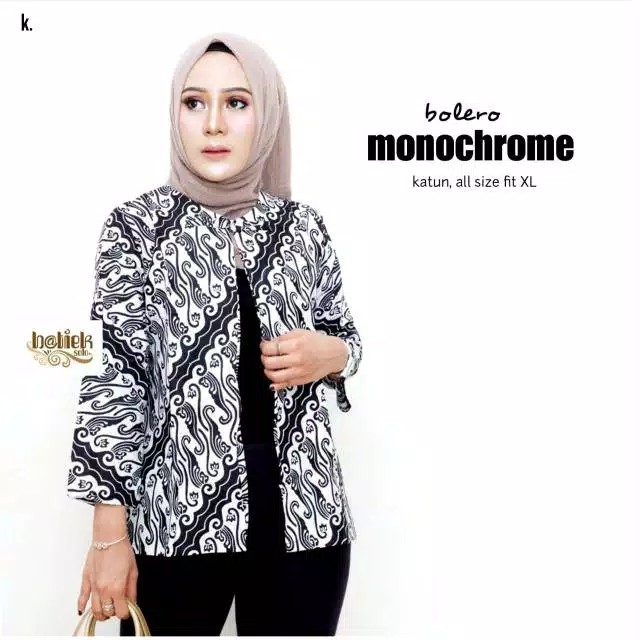 Bolero Monochrome Cardigan Cantik Monokrom Outer Batik Hitam Putih Seragam Kantor Kerja Katun Vest