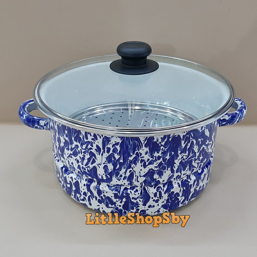 Panci Dandang Besar Enamel 24cm Biru Loreng Blirik Tutup Kaca