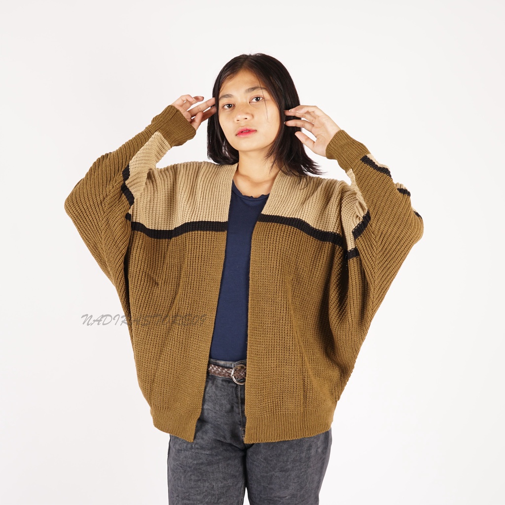 CARDIGAN BATWING RAJUT OVERSIZE PREMIUM/ KOMBINASI / MOCCA BRONZE STRIP HITAM