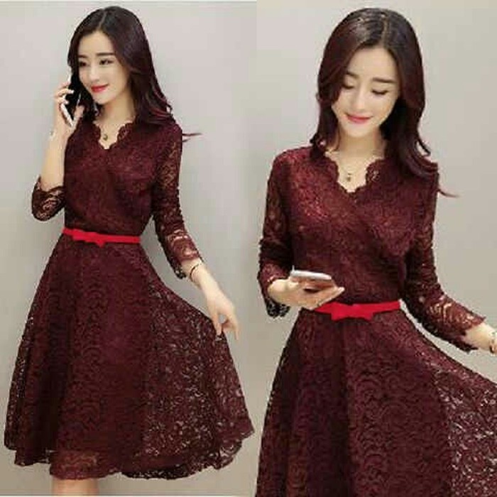 MINI DRESS BRUKAT MAROON / BAJU PESTA KEKINIAN