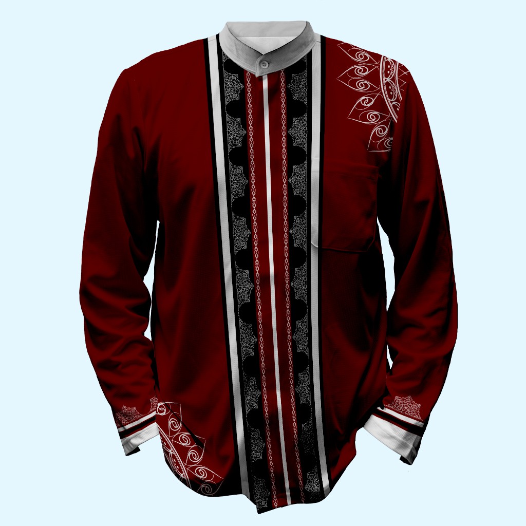 Baju Muslim Koko Jersey Pria Lengan Pendek Panjang Merah Maroon Dark Color Series KDC-01 Fullprint