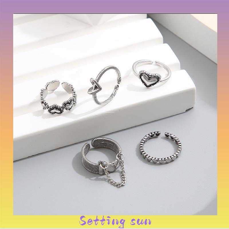 5pcs / Set Cincin Jari Telunjuk Model Terbuka Desain Hati Hollow Gaya Retro TN