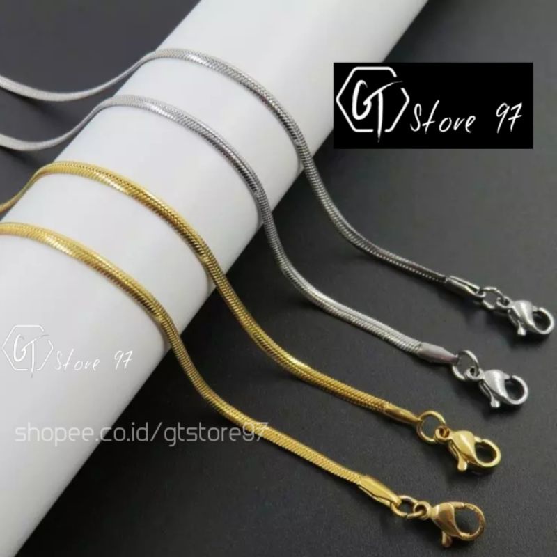 Kalung Titanium Pria Anti Karat Pipih Belut Gepeng Silver Perak Emas Asli Wanita Cowok Cewek Cowo Cewe Kalong Tetanium Peria Anti Pudar